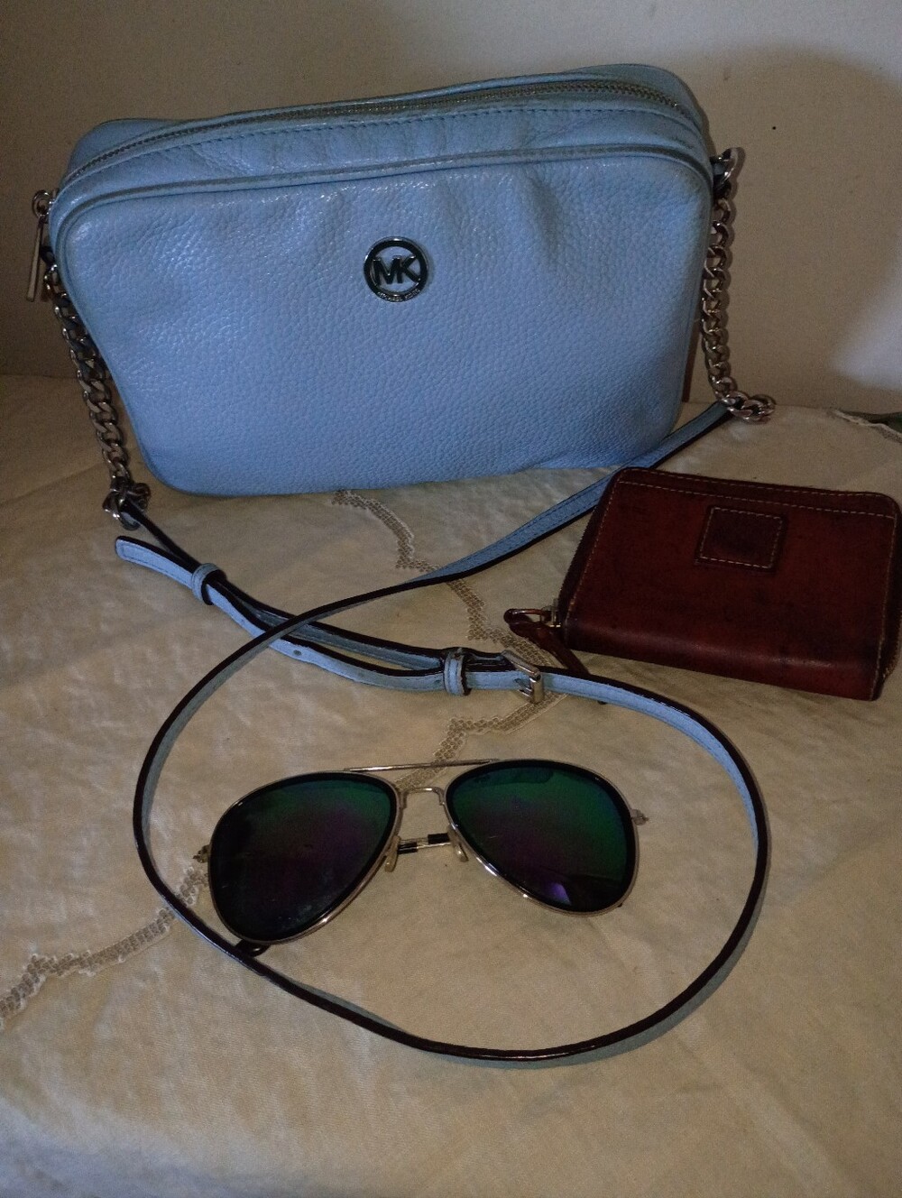 Michael Kors Powder Blue Pebbled Leather Crossbody with Chain Strap